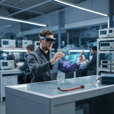 Engineer Using Augmented Reality Headset In Electronics Laboratory