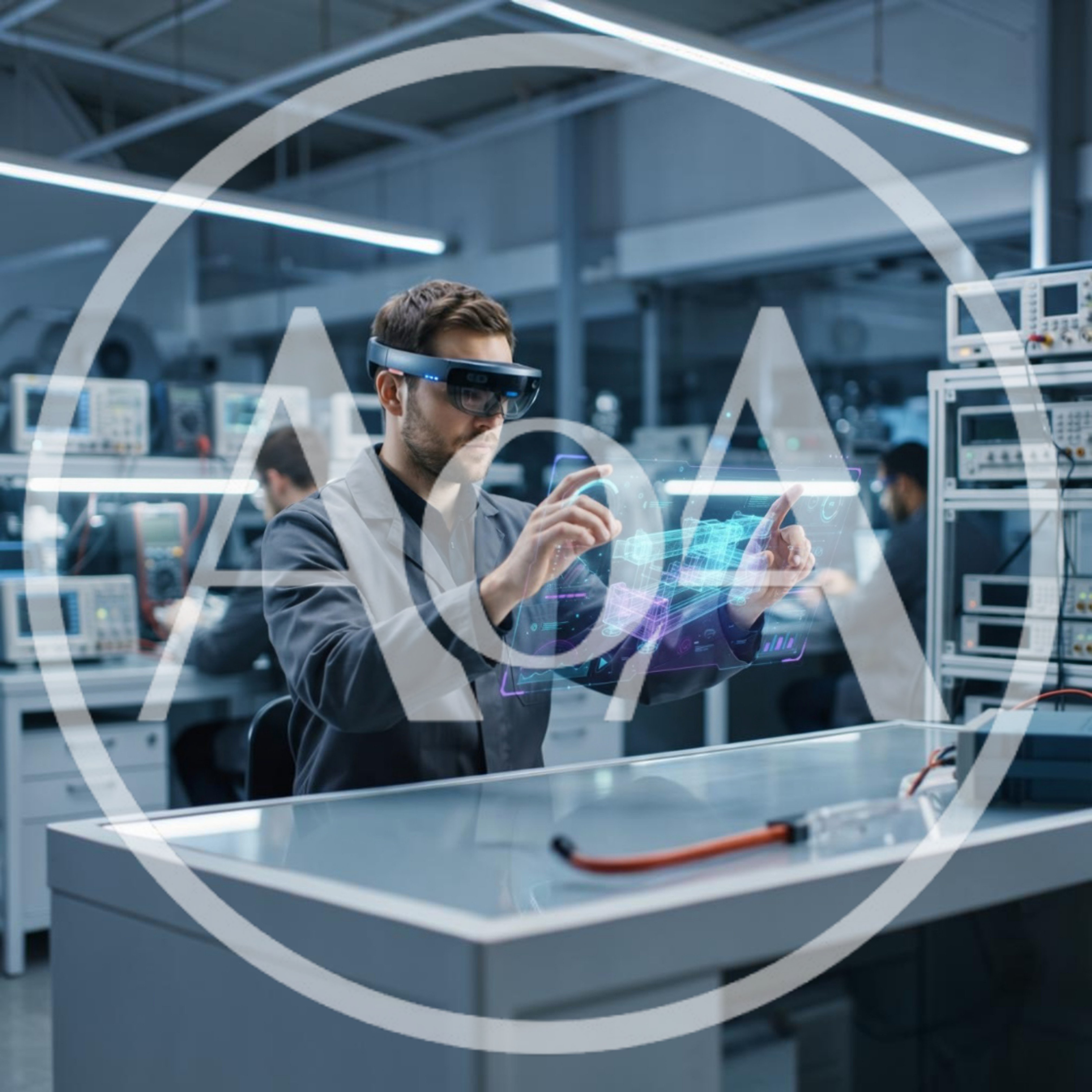Engineer Using Augmented Reality Headset In Electronics Laboratory