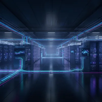 Futuristic Data Center Server Room With Glowing Fiber Optics