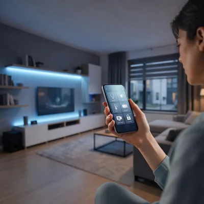 Woman Controlling Smart Home Devices With Smartphone App