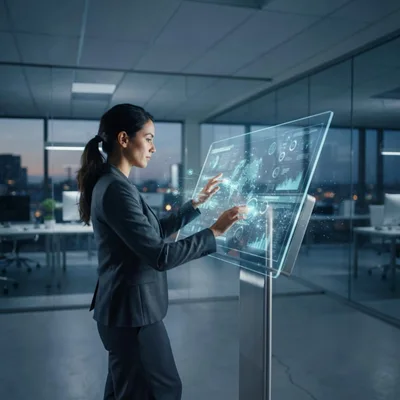 Businesswoman Interacting With Futuristic Holographic Data Display