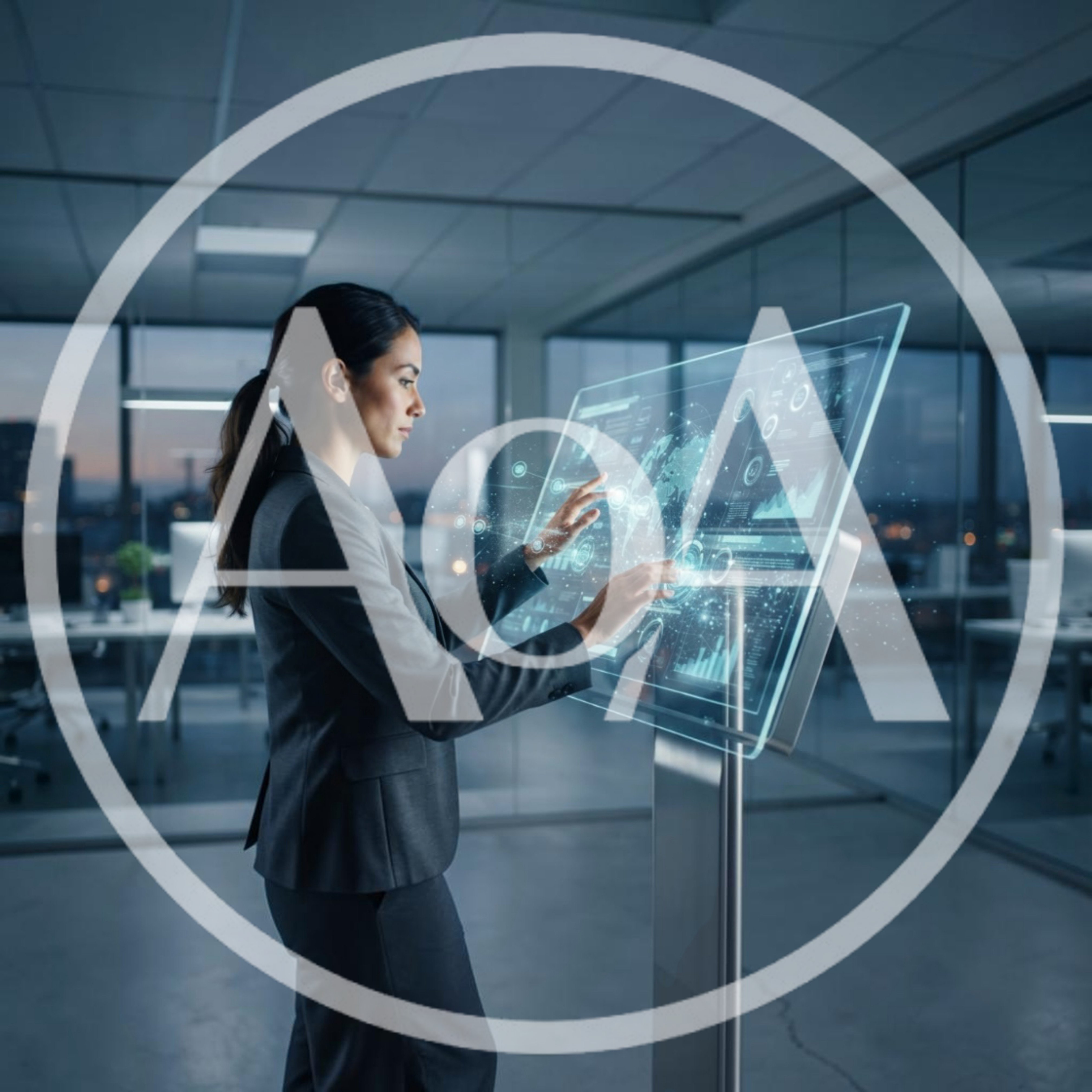Businesswoman Interacting With Futuristic Holographic Data Display