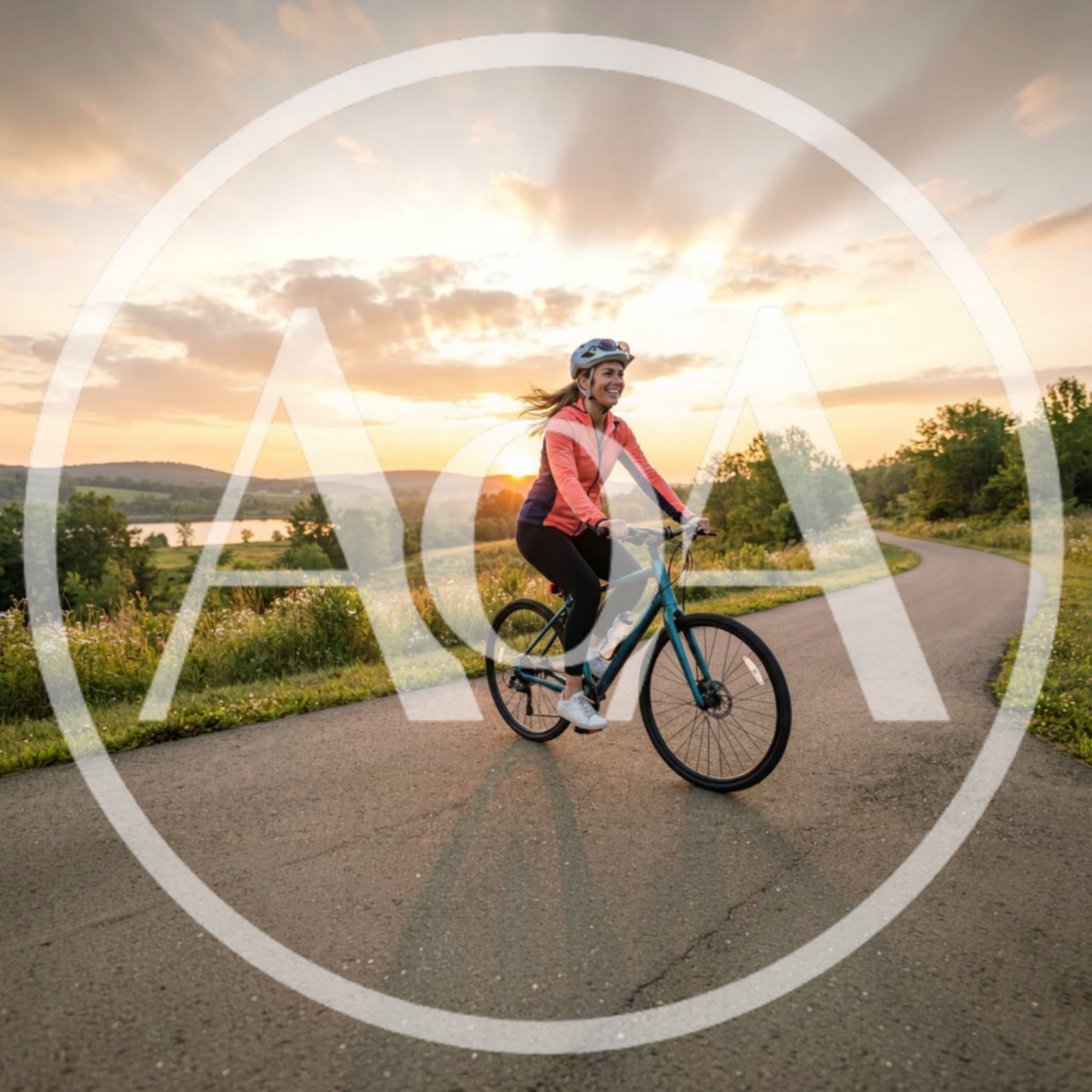 Woman Cycling On A Scenic Paved Path At Sunset