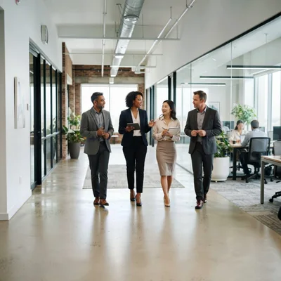 Diverse Business Professionals Walking Through Modern Office Hallway
