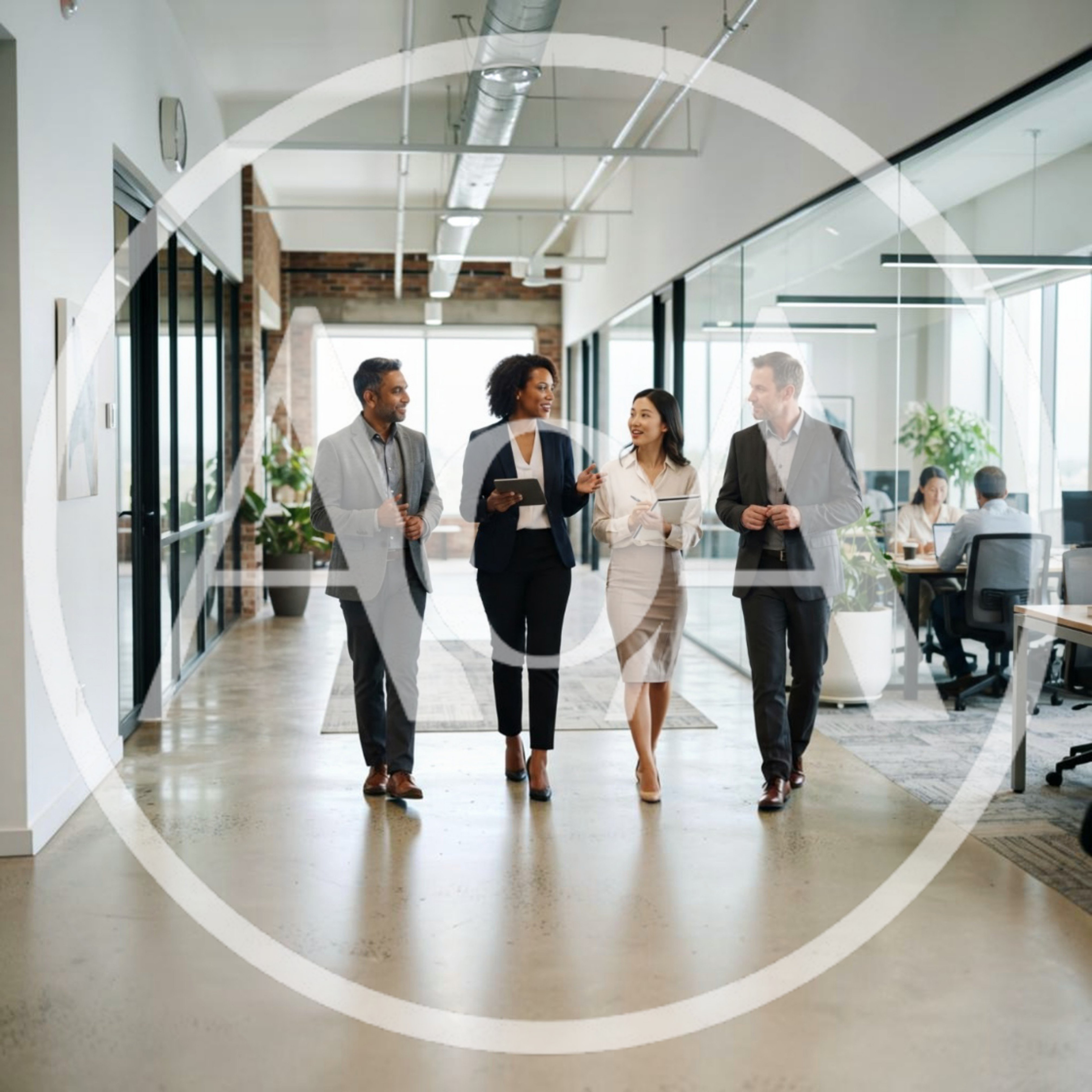 Diverse Business Professionals Walking Through Modern Office Hallway