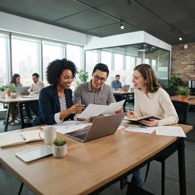 Diverse Business Team Collaborating on Project in Modern Office
