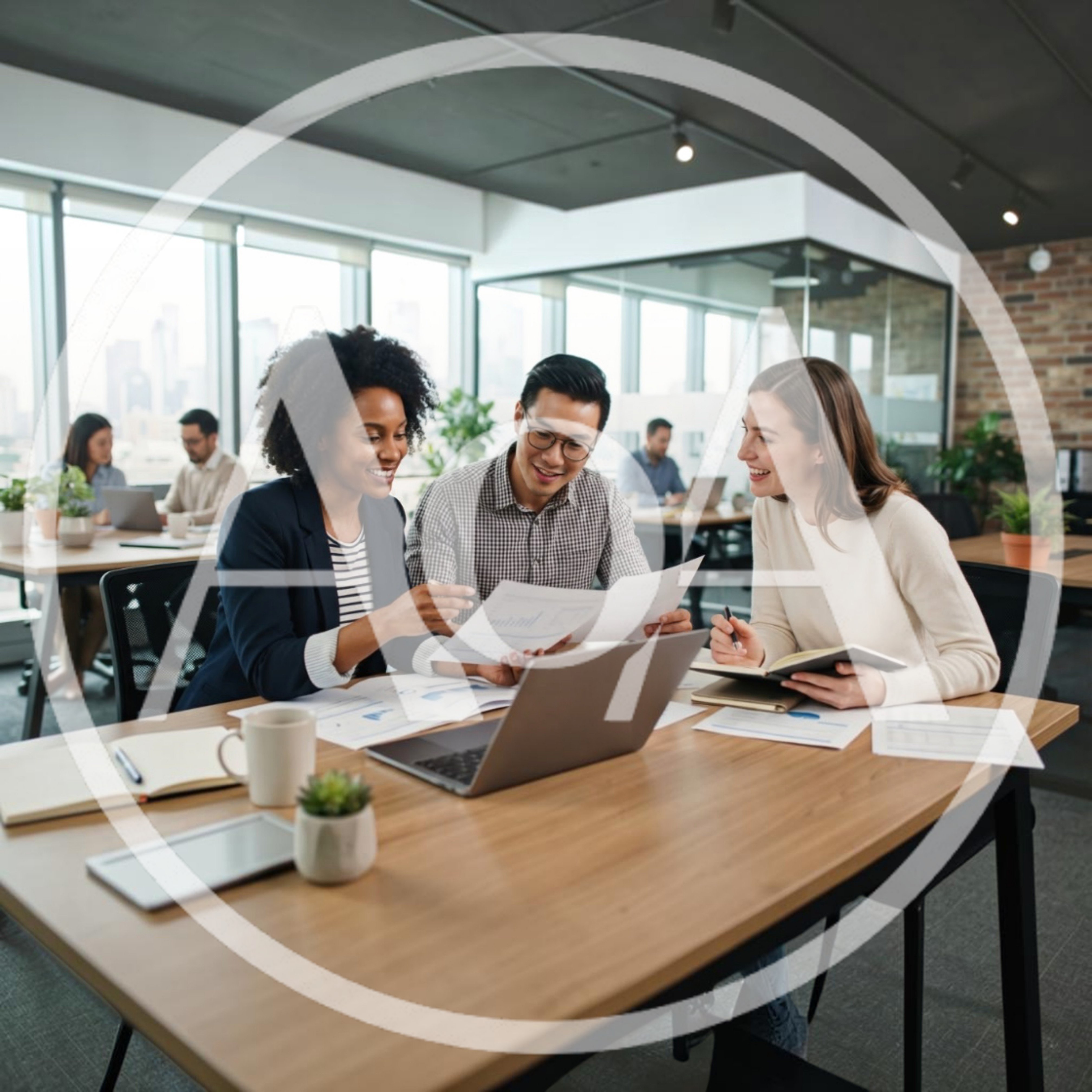 Diverse Business Team Collaborating on Project in Modern Office