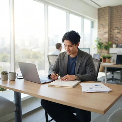 Young Professional Working on Laptop in Modern Office