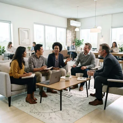 Diverse Business Team Collaborating In Modern Office Lounge