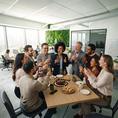 Diverse Office Team Celebrating Success With Cake And Champagne