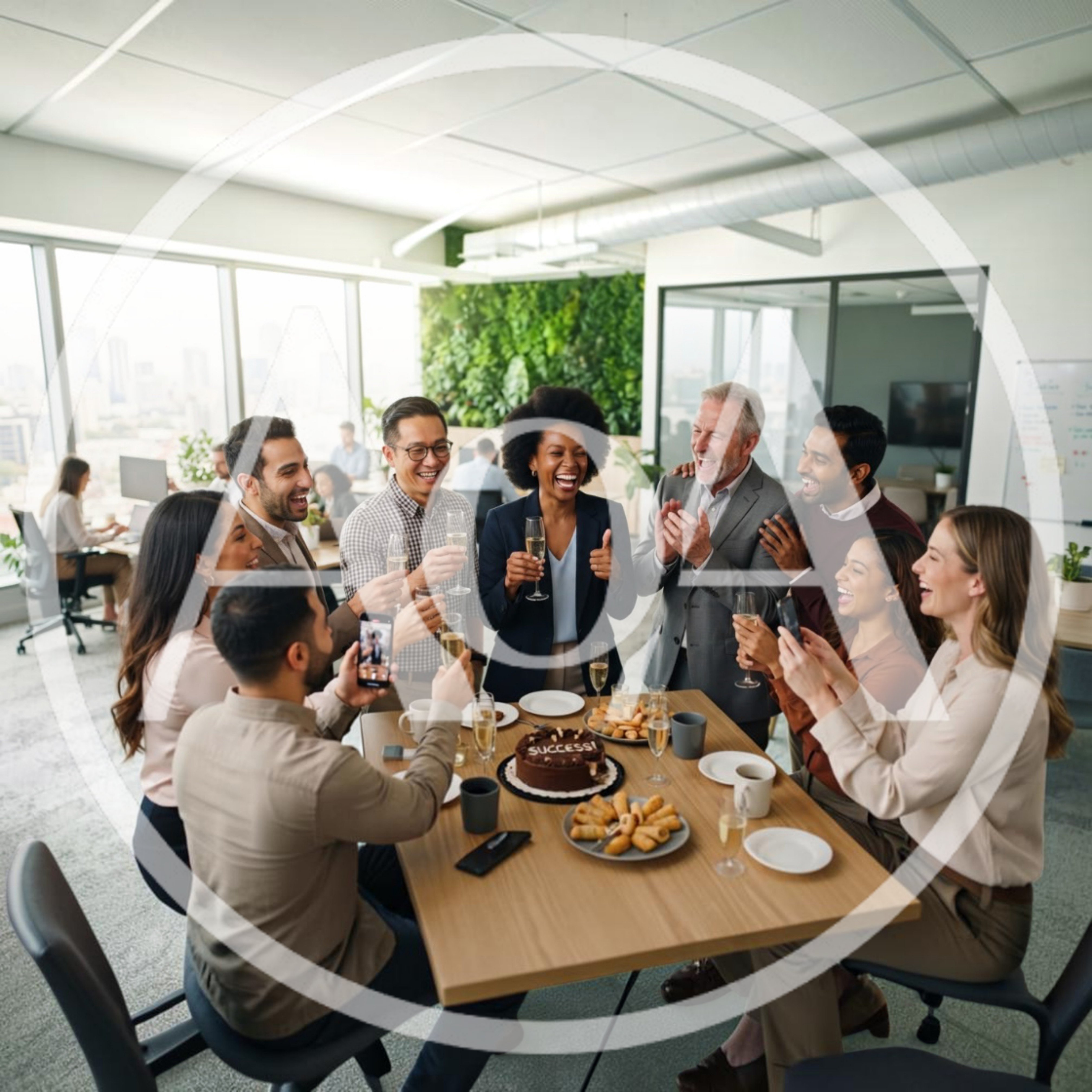 Diverse Office Team Celebrating Success With Cake And Champagne