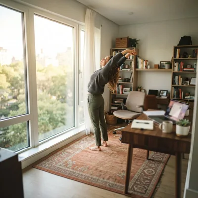 Woman Stretching Her Arms In A Sunny Home Office