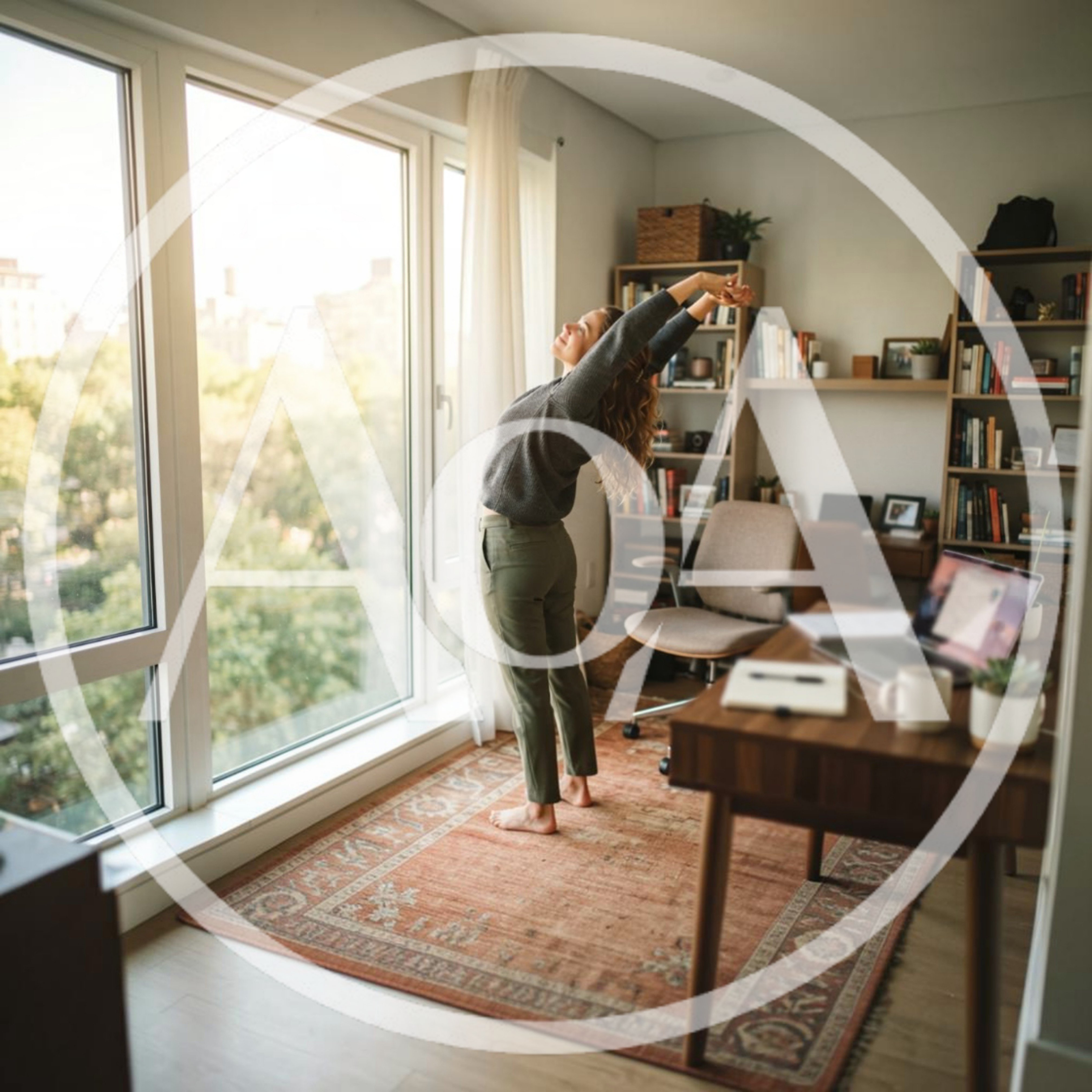 Woman Stretching Her Arms In A Sunny Home Office