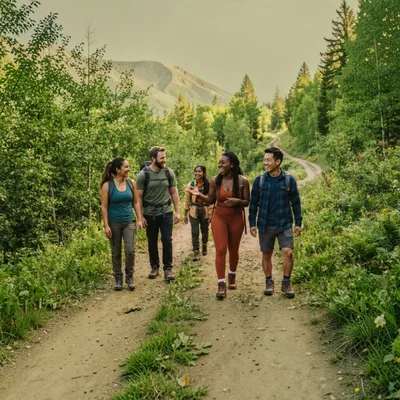Diverse Group Of Friends Hiking On Mountain Trail