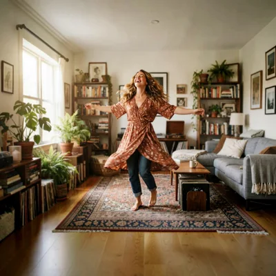 Happy Woman Dancing Joyfully In A Cozy Living Room