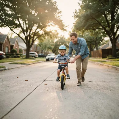 Father Teaching Young Son To Ride Bicycle
