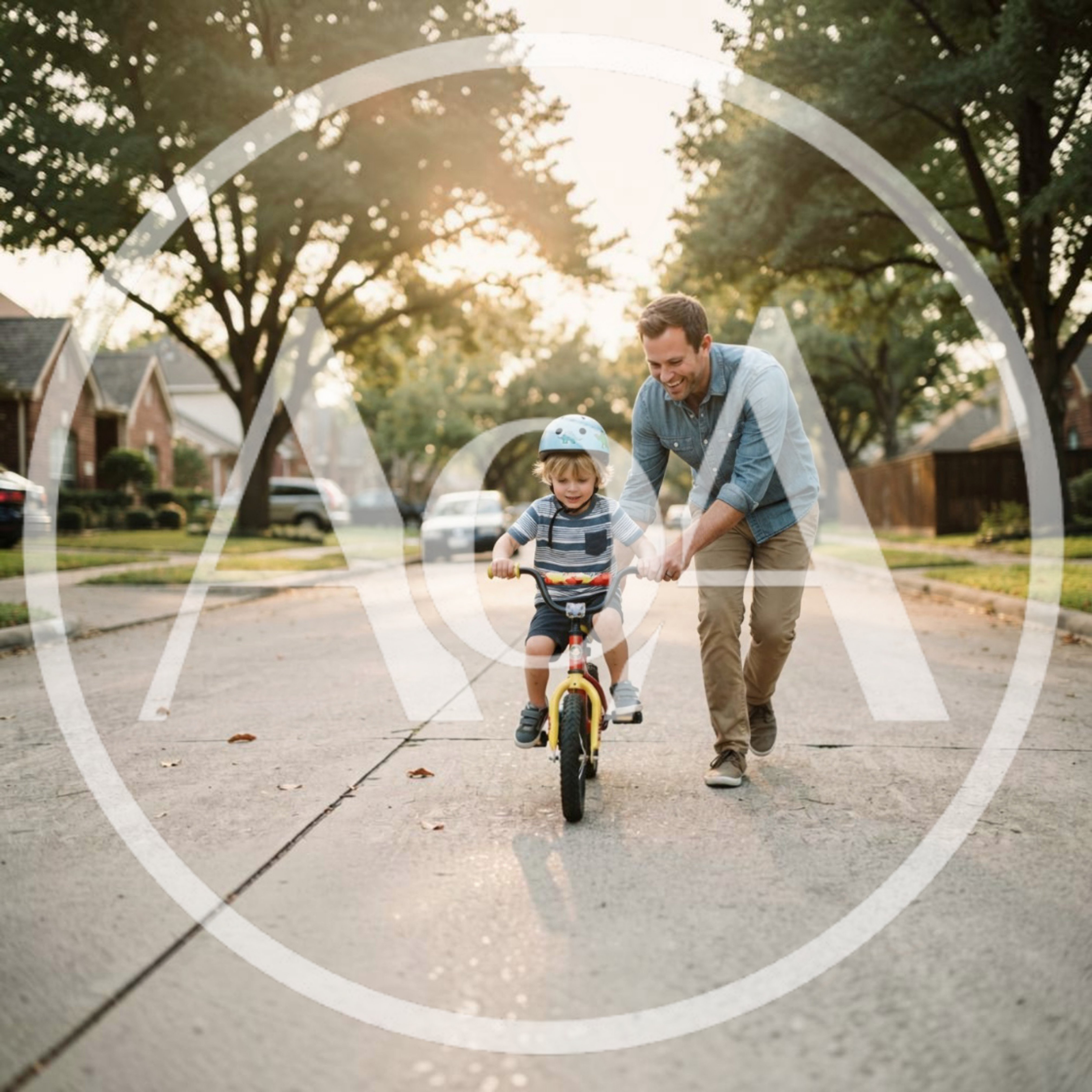 Father Teaching Young Son To Ride Bicycle