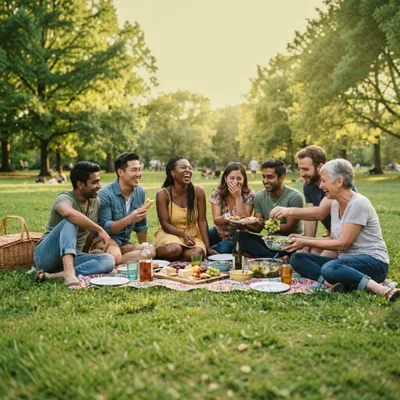 Diverse Friends Enjoying A Sunny Park Picnic