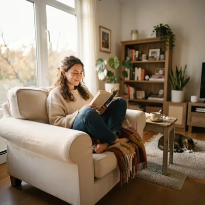 Young Woman Reading A Book In A Cozy Armchair