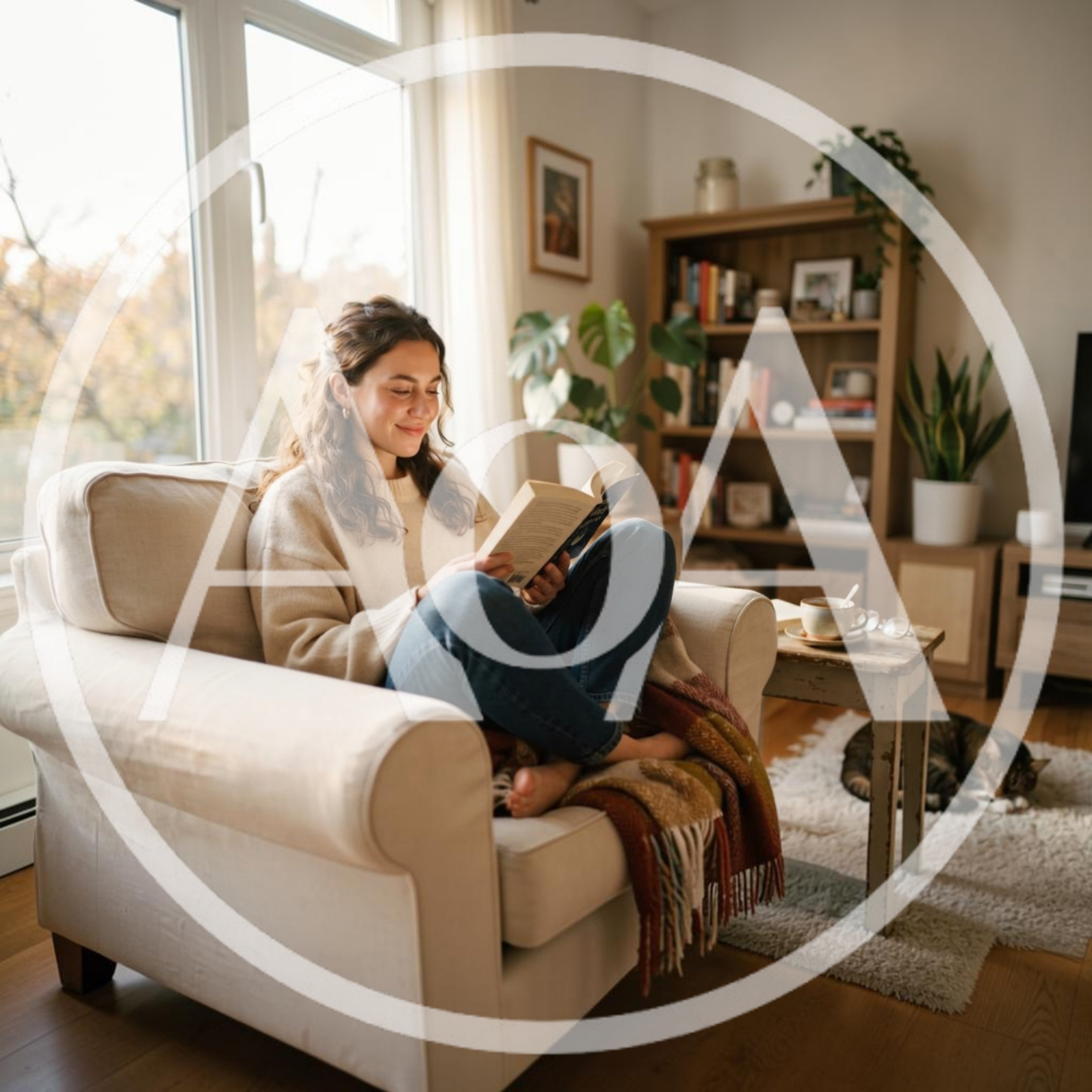 Young Woman Reading A Book In A Cozy Armchair