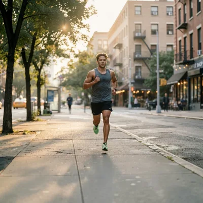 Young Man Running Along A City Sidewalk At Sunset
