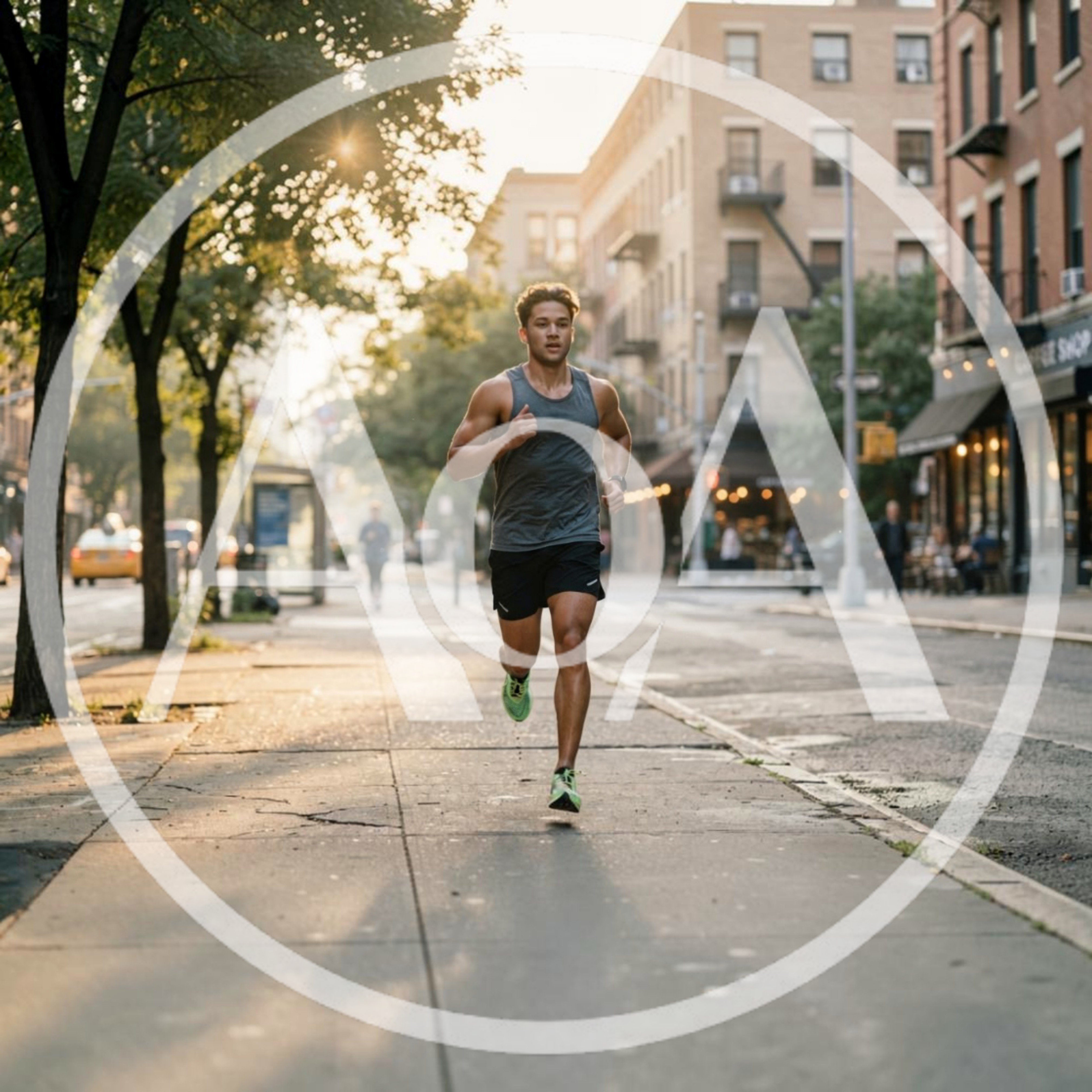 Young Man Running Along A City Sidewalk At Sunset