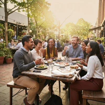 Diverse Friends Enjoying Outdoor Lunch At Restaurant