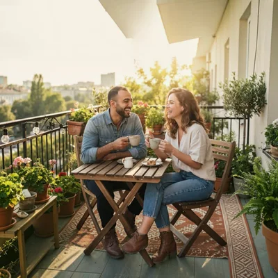 Happy Couple Enjoying Coffee on a Sunny Balcony