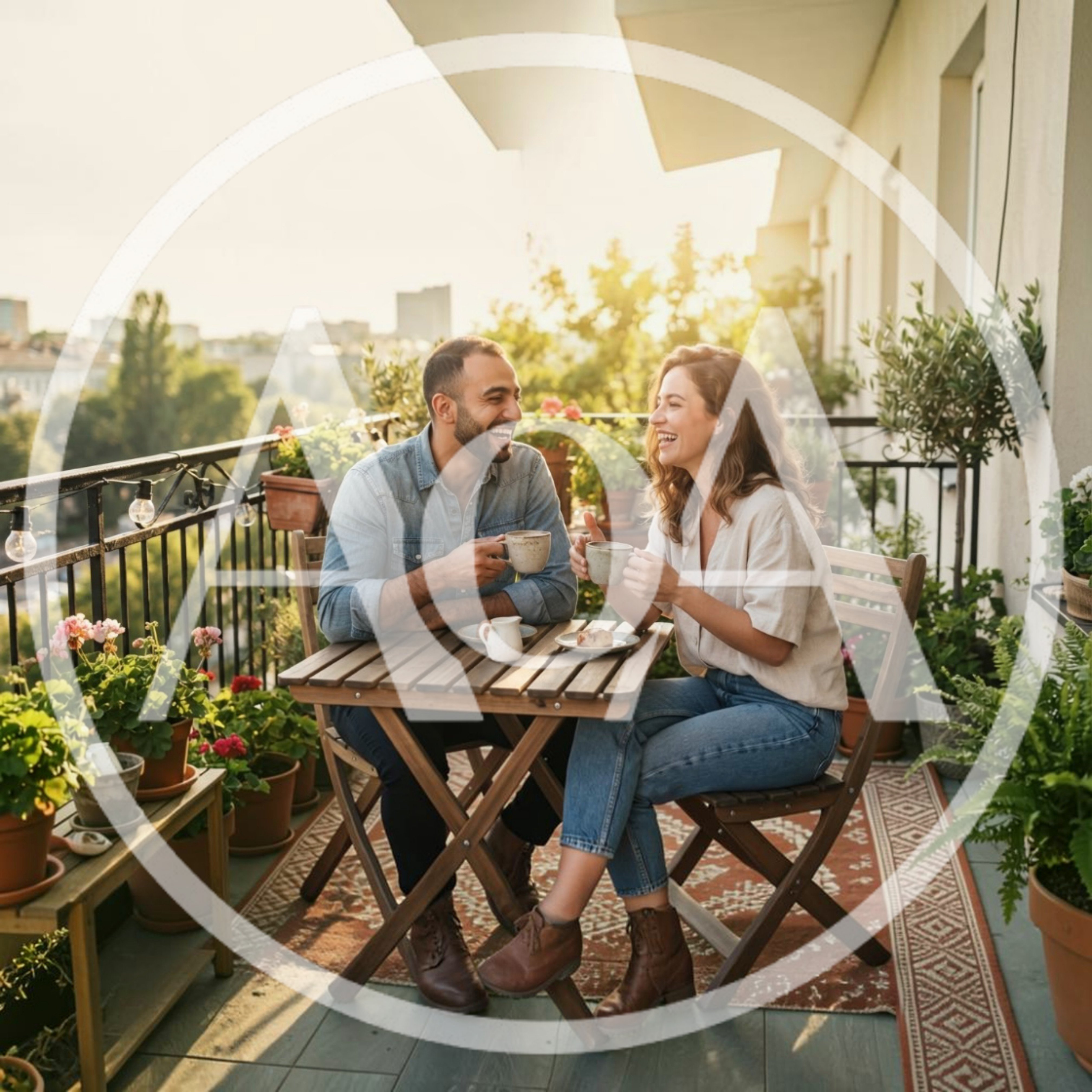 Happy Couple Enjoying Coffee on a Sunny Balcony