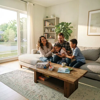 Happy Family Playing Board Games In Living Room