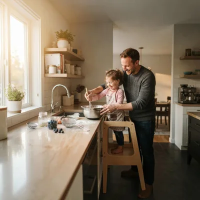 Father and Daughter Baking Together in Kitchen