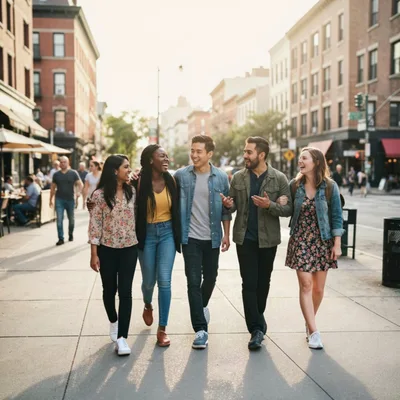 Diverse Group Of Friends Walking Together On City Sidewalk