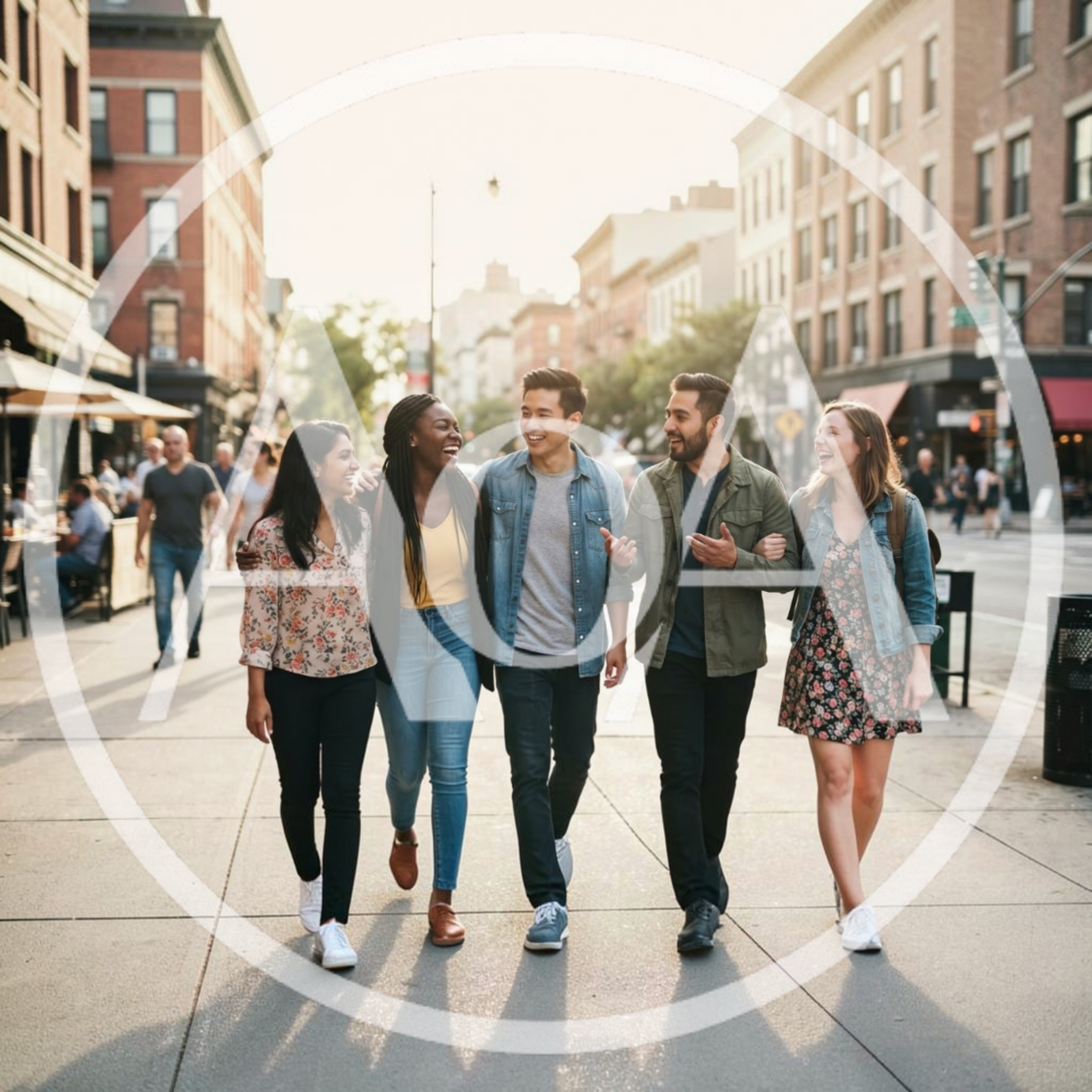 Diverse Group Of Friends Walking Together On City Sidewalk