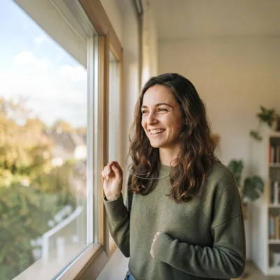 Smiling Woman Looking Out Of A Bright Window