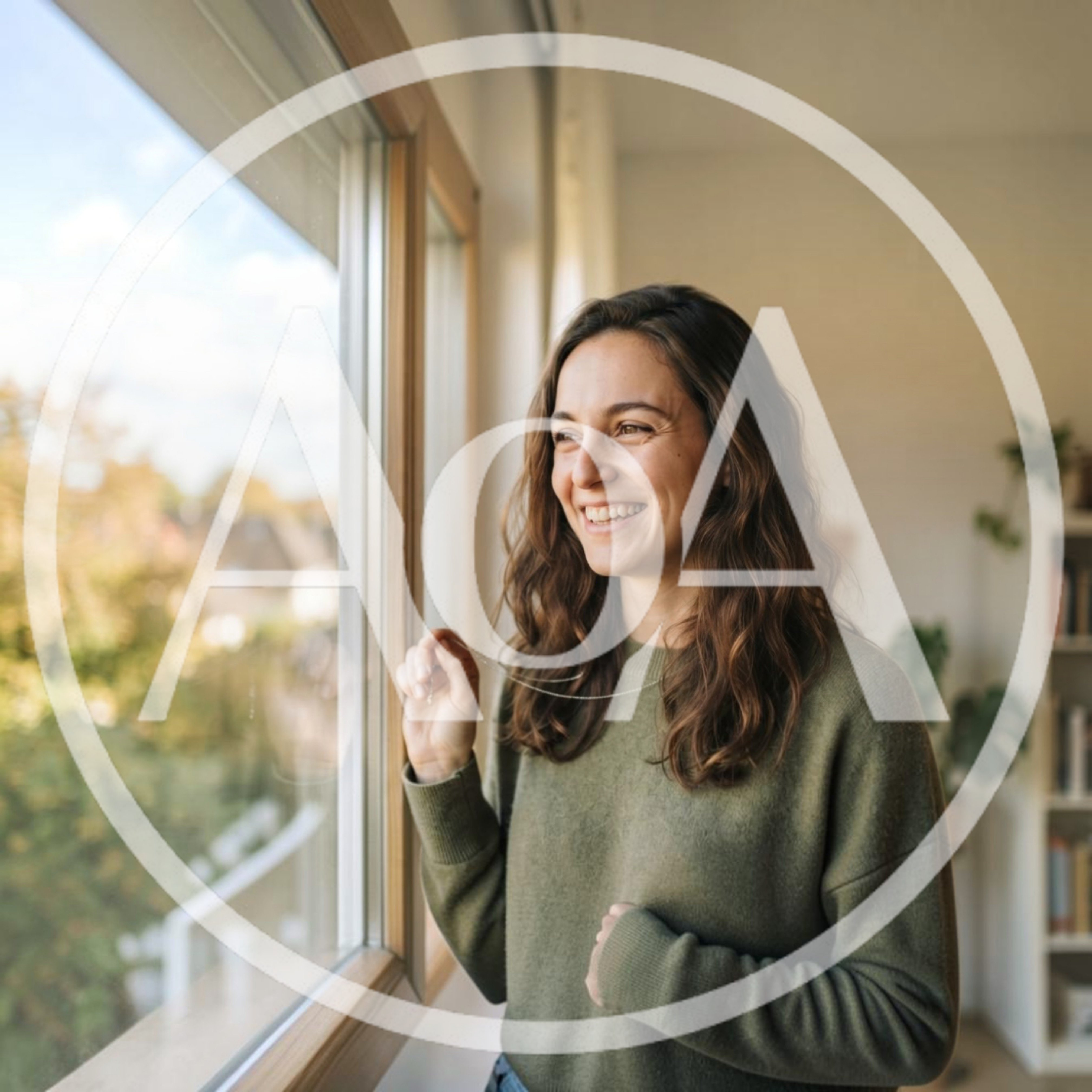 Smiling Woman Looking Out Of A Bright Window