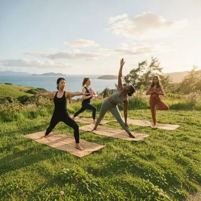 Diverse Women Practicing Yoga Outdoors on Coastal Hillside
