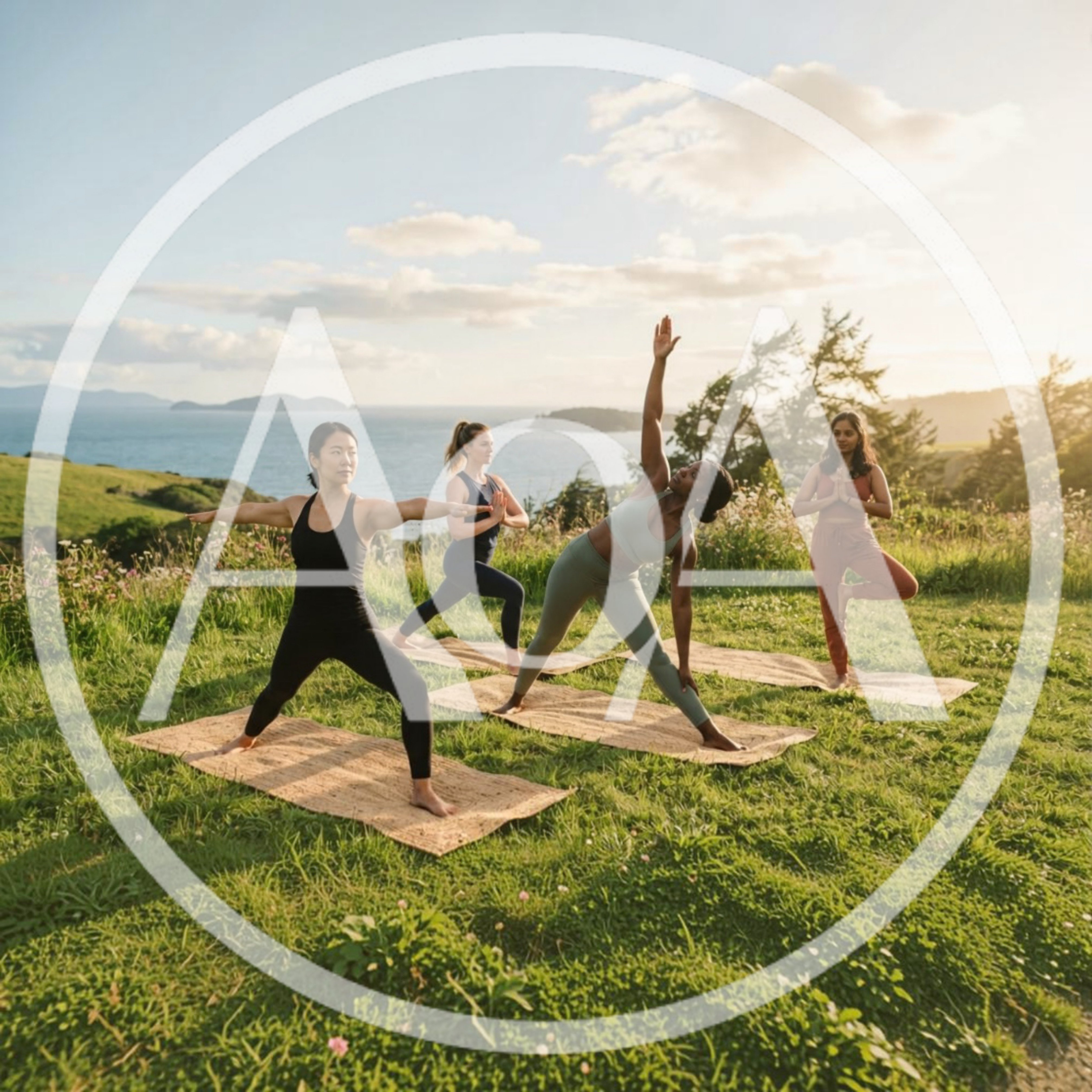 Diverse Women Practicing Yoga Outdoors on Coastal Hillside