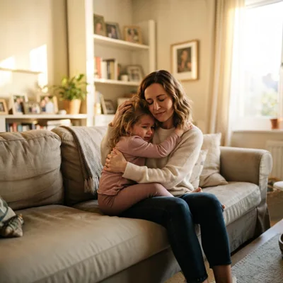 Mother Comforting Her Crying Daughter On A Living Room Sofa