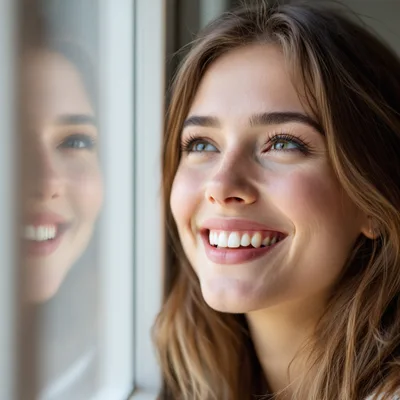Young Woman Smiling While Looking Out A Window