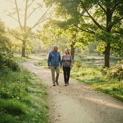 Senior Couple Walking Hand In Hand Through Park