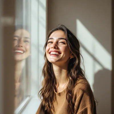 Happy Young Woman Smiling Near A Window