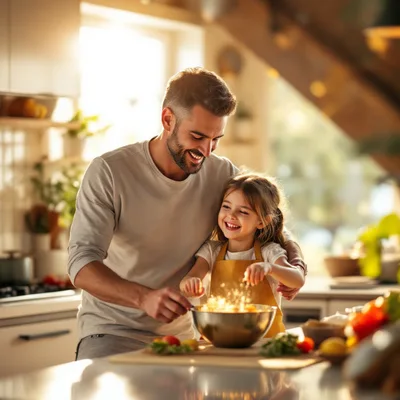 Father and Daughter Cooking Together in Sunny Kitchen