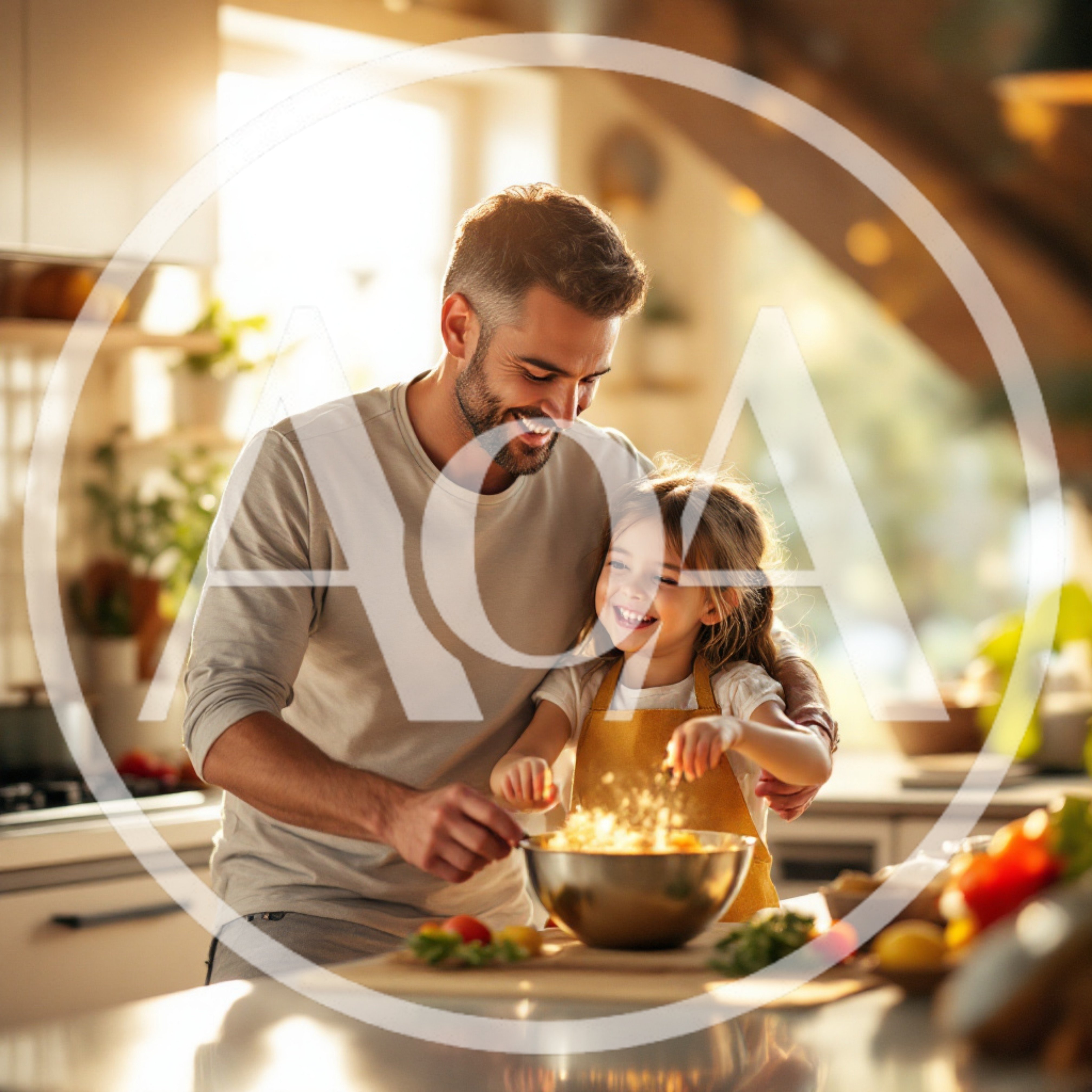 Father and Daughter Cooking Together in Sunny Kitchen