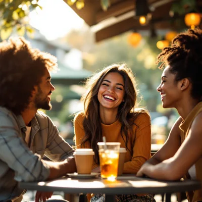Three Friends Laughing Together at an Outdoor Cafe