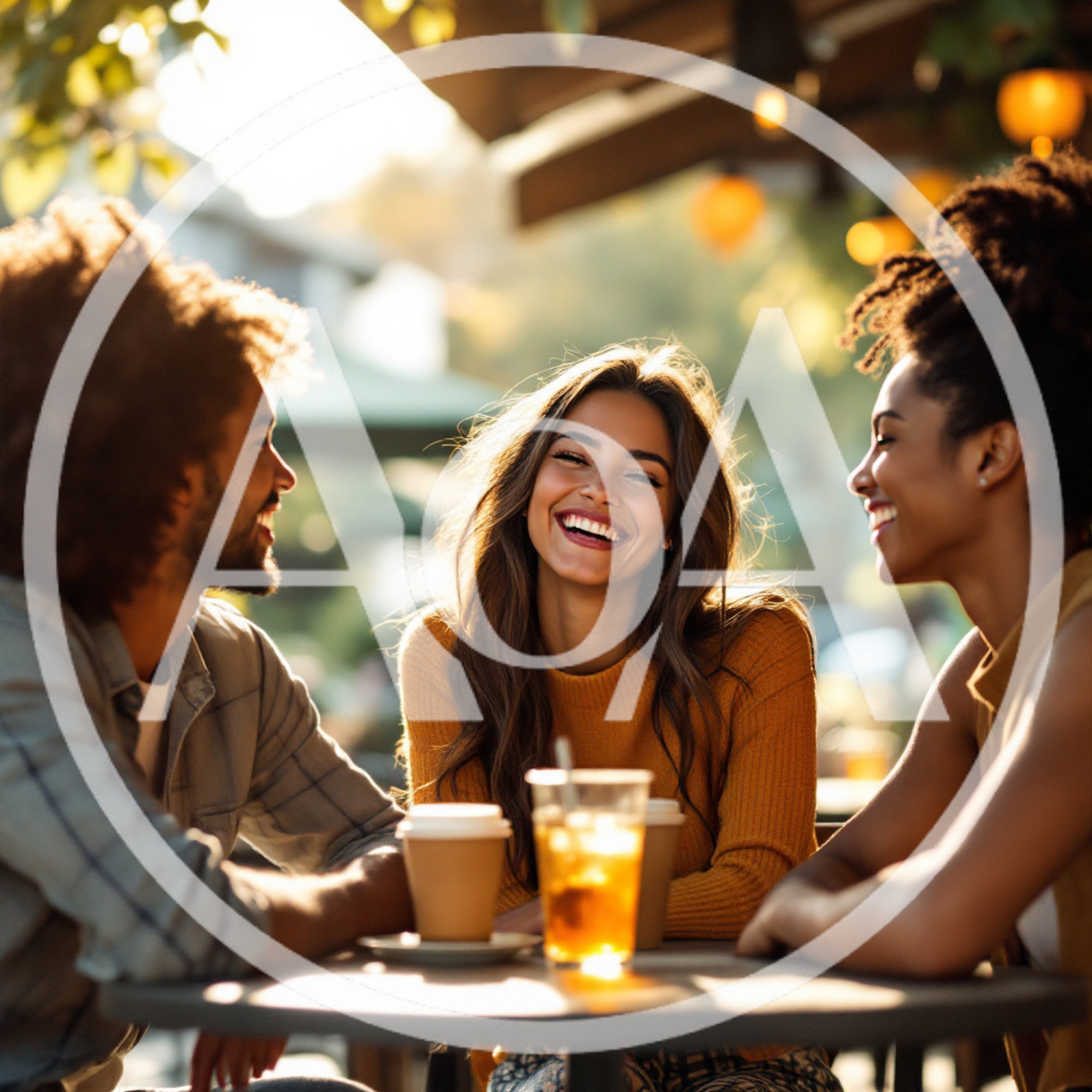 Three Friends Laughing Together at an Outdoor Cafe
