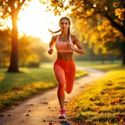 Fit Woman Running Along A Park Path At Sunset