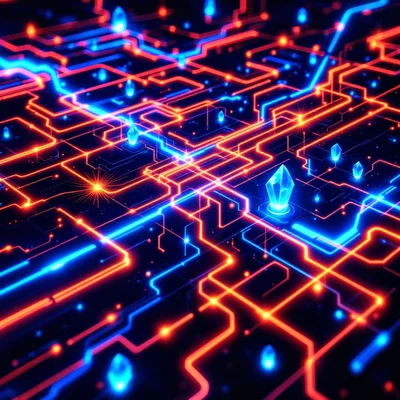 Abstract Digital Circuit Board With Glowing Crystals
