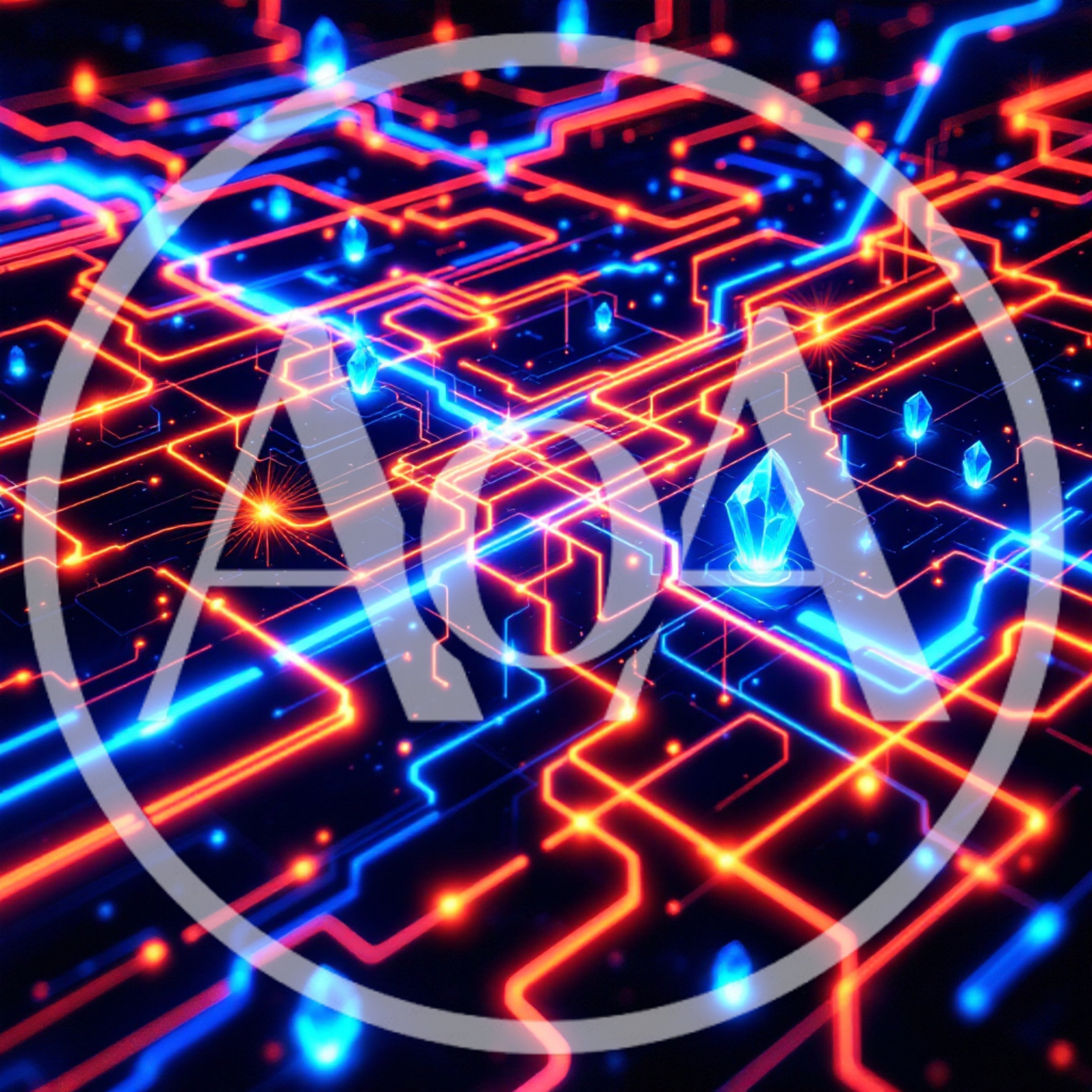 Abstract Digital Circuit Board With Glowing Crystals
