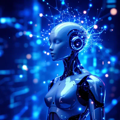 Futuristic Android Head With Glowing Digital Neural Network