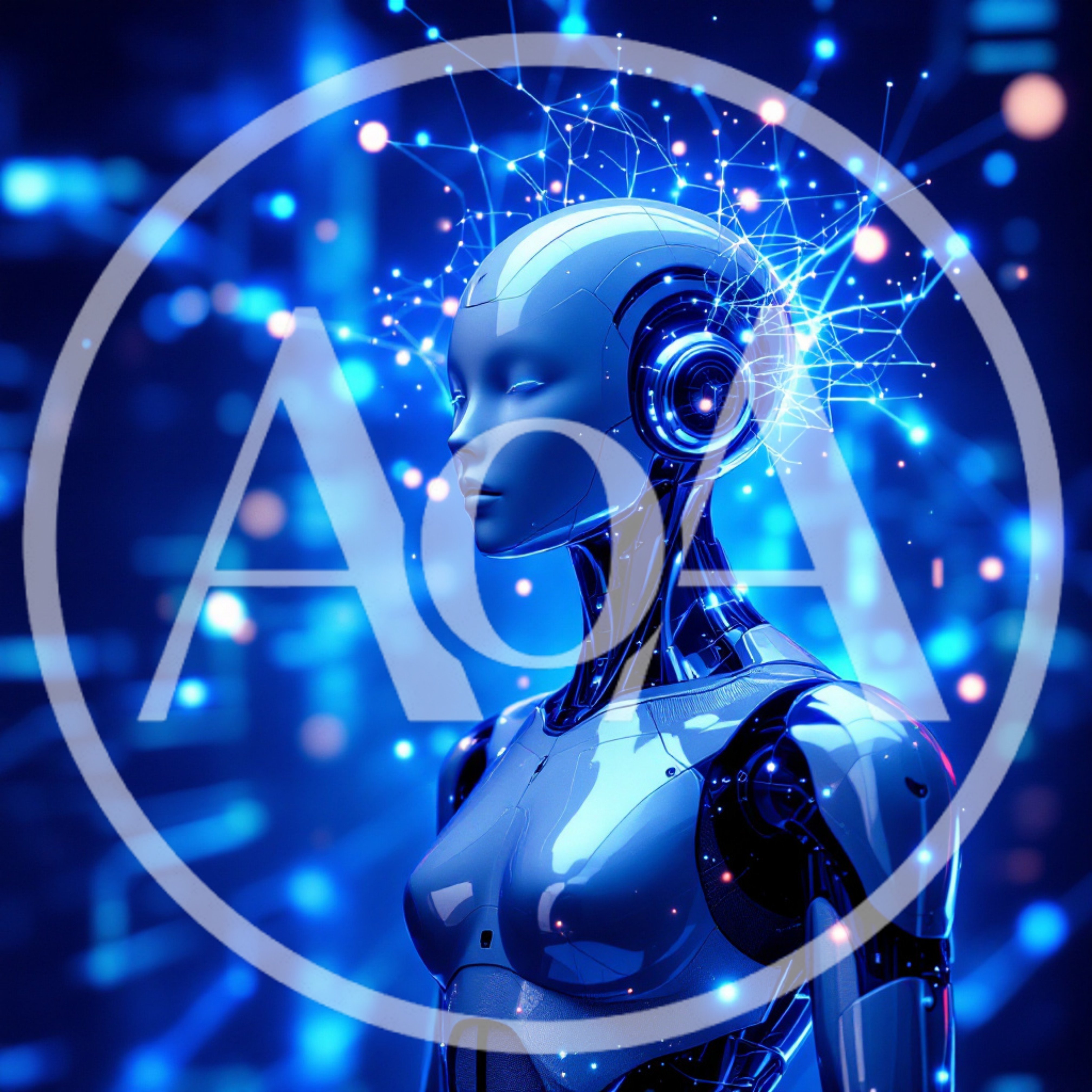 Futuristic Android Head With Glowing Digital Neural Network